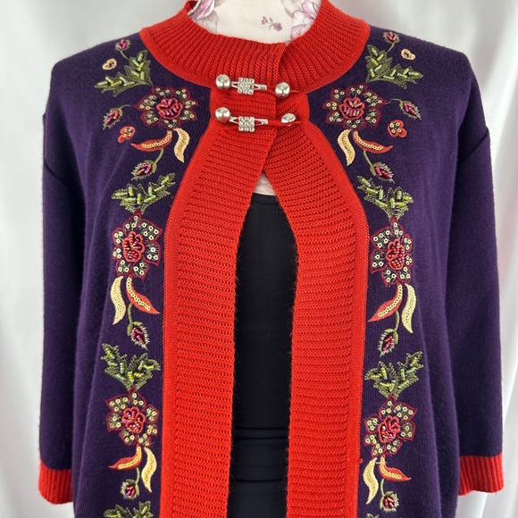 Ling Zhi Sweaters - Wool‎ Blend Beaded Embroidered Sequin Open Cardigan Sweater Purple Red Floral